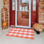 Fall Outdoor Orange and White Plaid Rug – 28 x 43 Inches Cotton Hand-Woven Checked Rug Layered Doormats for Front Door Porch Farmhouse Entryway Patio