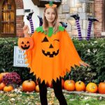 KOFECIT 3PCS Halloween Pumpkin Poncho for Women,Pumpkin Cape Costume with Headband and Candy Bag,Halloween Costume for Women Adults