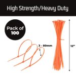 Bolt Dropper Zip Ties Pack of 100-12” Orange Heavy Duty Cable Ties – 40lb Strength Self-Locking Nylon Wire Ties – Weather-Resistant Zip Tie for Cable Management and Securing Various Items