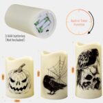 DeckTheHalls 3 Pack Flameless Candles, Battery Operated Candles with 6 Hour Timer, LED Tealight Candles with Pumpkin Head, Skull, Crow, Spider Web Decals for Halloween, Christmas,Themed Party Decor
