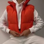 Shiyifa Women’s Fashion High Neck Zipper Cropped Puffer Vest Jacket Coat (Orange, Small)