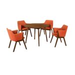 Armen Living Arcadia and Renzo 5 Piece Dining Set, 42″ Round, Orange/Walnut Wood
