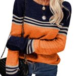 Danedvi Women Autumn Winter Colorblock Pullover Sweaters Round Neck Striped Slim Fitting Knitwear Tops Orange