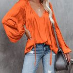 LAMISSCHE Womens Sexy Deep V Neck Blouse Lantern Long Sleeve Chiffon Shirt Oversized Drawstring Silk Satin Tunic(Orange,L)