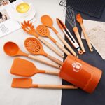 JASHII Orange Silicone Kitchen Utensils Set Orange Rubber Spatulas with Wooden Handle, Silicone Cooking Utensils with Holder, Heat Resistant for Nonstick Cookware