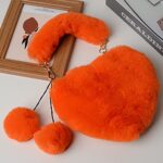 Rejolly Furry Purse for Girls Heart Shaped Fluffy Faux Fur Handbag for Women Soft Small Valentine’s Day Shoulder Bag Clutch Purse with Pom Poms Orange