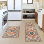 Artoid Mode Orange Floral Boho Kitchen Mats Set of 2, Bohemia Home Decor Low-Profile Kitchen Rugs for Floor – 17×29 and 17×47 Inch