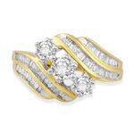Jewelili 10K Yellow Gold with 3/4 Cttw Natural White Baguette and Round Cut Diamond 3 Stone Engagement Ring, Size 7