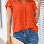 MEROKEETY Women Casual V Neck Flutter Short Sleeve Blouse Swiss Dot Loose Tunic Shirt Top Orange X-Large