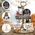 14 PCS Halloween Tiered Tray Decor, Boo Happy Halloween Wooden Signs Halloween Decorations Set with LED String Lights, Farmhouse Rustic Tray Decor Items for Home Kitchen Holiday