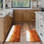 Burnt Orange Kitchen Rugs Gold Leaf Line Modern Cushioned Anti Fatigue Kitchen Floor Mat Set 2 PCS Waterproof Non Slip Padded PVC Comfort Standing Mat for Kitchen Laundry Sink,17″x47″+17″x28″,Marble