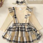 Kucnuzki 1 Year Old Girl Clothes Baby Fall Outfits Ruffled Infant Long Sleeve Romper Apricot Suspender Plaid Dress Skirt Set Baby Clothes Girl 12-18 Month