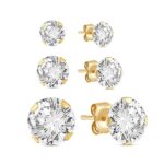 Jewelili 10k Yellow Gold with 4mm, 5mm and 6mm White Round Cubic Zirconia Stud Earrings, 3 Pairs