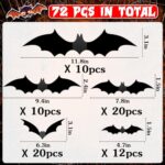 Halloween 3D Bats Decorations, 72PCS 5 Sizes Bats Wall Decor, Realistic PVC Scary Black Bat Stickers for Halloween Decor Halloween Party Supplies Home Indoor Window Door DIY Decoration