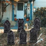 Jelofly Halloween Decorations Graveyard Tombstones (6 Pack), Foam RIP Yard Signs Headstone Decorations with 12 Stakes for Halloween Lawn Yard Decorations