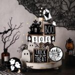 Umigy 15 Pcs Halloween Tiered Tray Decor Set Cute Halloween Wooden Signs Farmhouse Rustic Tiered Tray Decoration Items for Home Table House Room Kitchen Party (Ghost)