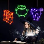 LOLStar Halloween Lights, 3 Packs Spellbook, Cat and Cauldron Halloween Lights with Suction Cup, Upgrade Timer and Slowly Fade Mode Battery Operated Indoor Lights for Halloween Window Decoration