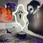 Halloween Ghost Neon Sign, Halloween Decoration LED Ghost Neon Light Sign with Base, Ghost Shape Lamp with Battery or USB Powered for Halloween Party,Bar,Room Décor