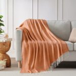 BOURINA Decorative Herringbone Faux Cashmere Fringe Throw Blanket Lightweight Soft Cozy for Bed or Sofa Farmhouse Outdoor Throw Blankets, 50″ x 60″ Orange