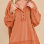 AlvaQ Oversized Sweatshirts Hoodies for Women Fall Button V Neck Pullover Sweatshirt Loose Casual Comfy Fall Fashion Outfits Clothes 2023 Orange Large