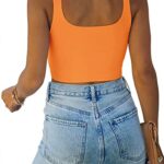 REORIA Women’s Summer Sexy Basic Sleeveless Square Neck Fitted Seamless Yoga Cropped Tank Cute Crop Tops for Teen Girls Orange Yellow Small