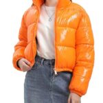 AMEBELLE Women Winter Warm Stand Collar Slim Fit Cropped Puffer Down Jacket Coats(0394-Orange-S)