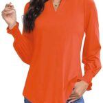 Gentlewarm Womens Fall Tops 2023 Puff Long Sleeve Cute Halloween Orange Top V Neck Casual Work Shirt Loose Fit Tunic Blouse Tops M
