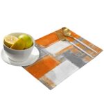 Orange and Gray Graffiti Cotton Linen Placemat Set of 6, Non-Slip Burnt Orange Modern Art Abstract Thanksgiving Placemat Washable Table Mats for Dining Table Kitchen Holiday Party Home Decor