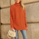 LILLUSORY Halloween Sweaters Womens Turtleneck Oversized Tunic Burnt Orange Outfits Clothes 2023 Trendy Pullover Knit Orange