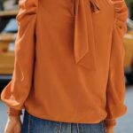 Dokotoo Womens Ladies Elegant Puff Long Sleeve High Neck Spring Summer Tops Turtleneck Chiffon Office Work Shirts and Blouses for Women Casual Loose Shirts Orange Medium