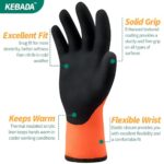 Kebada T3 Winter Work Gloves for Men and Women, Warm Knit Cold Weather Work Gloves, Thermal Insulated Freezer Gloves, 100% Latex Coating Non-slip Grip, Long Wrist Design, 1 Pair, Orange, Medium