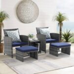 OC Orange-Casual 5 Piece Patio Furniture Set, Wicker Outdoor Conversation Chair and Ottoman Set with Coffee Table, Pillows Included, for Balcony, Porch, Deck, Navy Blue