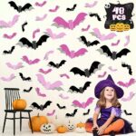 Pink Bats for Wall Halloween 3D Bats Blush and Black DIY Wall Decal Bathroom Indoor Cute Halloween Party Decorations, Pastel Halloween, PVC Wall Bat Stickers for Home (48pcs)