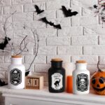 Halloween Decorations for Home – Set of 4 Apothecary Potion Bottles with stickers – Scary Witch Poison Ghosts Black Cat Farmhouse Tiered Tray Decor For Home Table Party Supplies