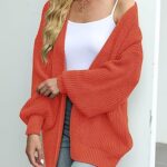 MEROKEETY Women’s 2024 Fall Open Front Long Lantern Sleeve Cardigan Oversized Chunky Outwear with Pocket Orange