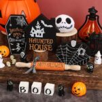 BFAZKXY Hocus Pocus Halloween Decorations Indoor, 7 Pcs Hocus Pocus Halloween Decor with Tombstones, Haunted House, Farmhouse Rustic Tiered Tray Decor Items for Home Table Kitchen Room Decor