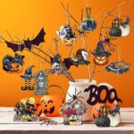 Huwena 36 Pcs Halloween Wood Ornament for Tree Vintage Halloween Ornaments Wooden Halloween Hanging Decorations Pumpkin Witch Black Cat Wood Cutouts with Ropes for Home Party Decor (Witch Hat)