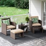 OC Orange-Casual 5 Pcs Patio Conversation Set Balcony Furniture Set with Beige Cushions, Brown Wicker Chair with Ottoman, Storage Table for Backyard, Garden, Porch