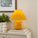 Nourison 13″ Orange Ceramic Round Lamp with Pleated Shade for Bedroom, Living Room, Console, End Table, Kids Room, Dorm