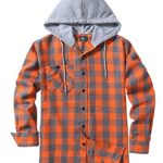 TEREDIER Orange Flannel Shirt for Men with Hoodie Plaid Shirts Long Sleeve Checkered Flannel Jacket with Hood Button-Down Shirt