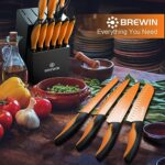 Brewin Knife Set, 15-Piece Kitchen Knife Set with Block, German Stainless Steel Sharp Knives Set for Kitchen with Built-in Sharpener, Ergonomic TPR Anti-Slip Handle