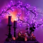 [Timer & 8 Modes] Krissing 6Ft 57 LED Halloween Willow Vine Twig Halloween Garland with 19 Bats Purple Lights Waterproof Battery Operated Halloween Lights Home Indoor Wall Fireplace Mantle Decor