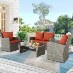 Furnimy 4 Pieces Patio Furniture Set Outdoor Rattan Chair Outdoor Wicker Patio Conversation Furniture Set Patio Table and Chairs with Cushions for Garden Poolside Balcony (Gray/Orange Red)