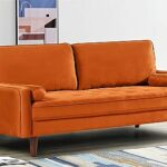 Container Furniture Direct Velvet 70″ Sofa Couch for Living Room, Classic Mid-Century Style with Modern Silhouette, Button Tufting and Wood Legs, Includes 2 Bolster Pillows, Orange