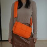 Women’s shoulder bag puffer cassette purse hand woven down fabric cotton padded handbag (Orange)