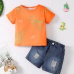 XUANHAO 12 Months Boy Clothes Baby Boys Summer Outfits Hawaiian Clothing Short Sleeve Dinosaur T-Shirts Tops Denim Shorts Set 12-18 Months Boy Clothes Orange