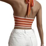 Verdusa Women’s Striped Colorblock Tie Backless V Neck Knitted Crop Halter Top Orange Red L