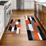 Orange Black Grey White Kitchen Rugs and Mats Set of 2 Cushioned Anti Fatigue Kitchen Rugs Set Geometric Non-Skid Washable Kitchen Mats for Kitchen Sink Laundry (Orange Grey, 17.5″x29.5″+17.5″x47″)
