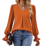 Funlingo Women’s Tops Dressy Causal 2024 V-Neck Ruffle Sleeve Long Shirts Fall Chiffon Elegant Business Tunic Blouse Orange XX-Large