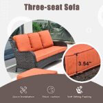 OVIOS Outdoor Patio Furniture Set 5 Piece Wicker Rattan High Back Sofa Couch with Chairs Ottomans Comfy Cushions All Weather Conversation Set for Yard Garden Deck, Brown Wicker Orange Red